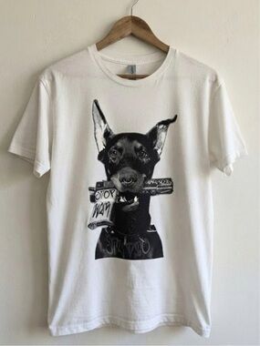 Gildan White Short-Sleeve Tee with Black Doberman Graphic | Unisex Shirt